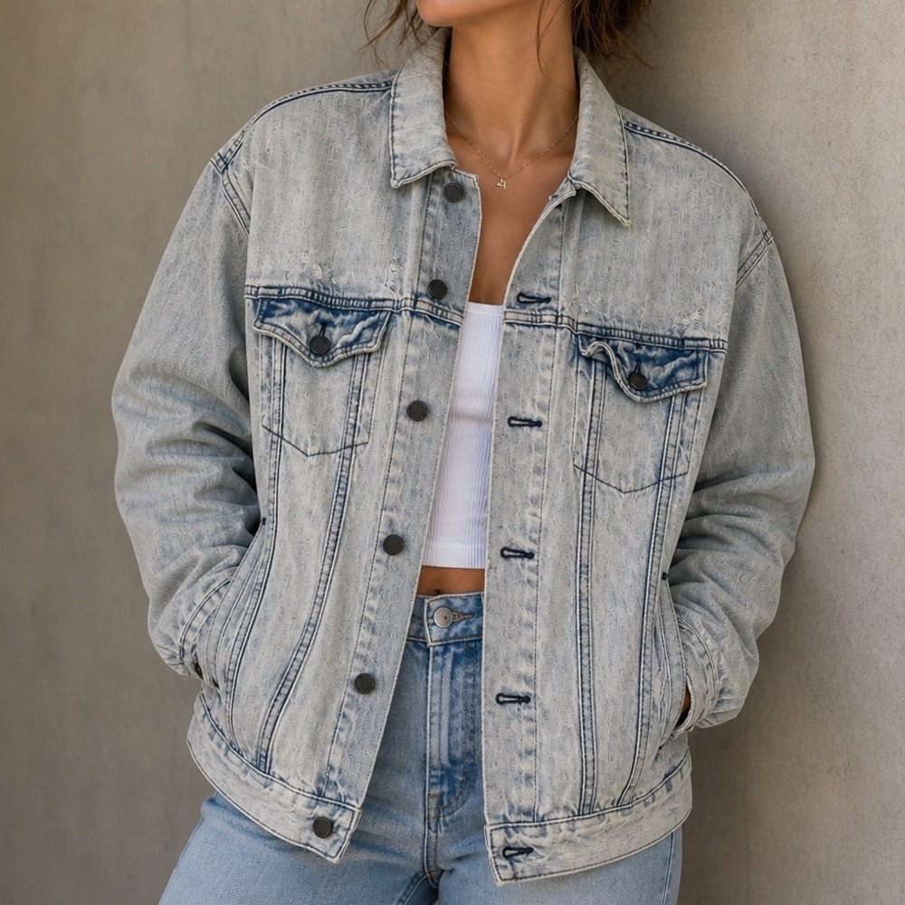 Free People Light Wash Distressed Denim Trucker Jacket XS S‎ Oversized Cotton j1